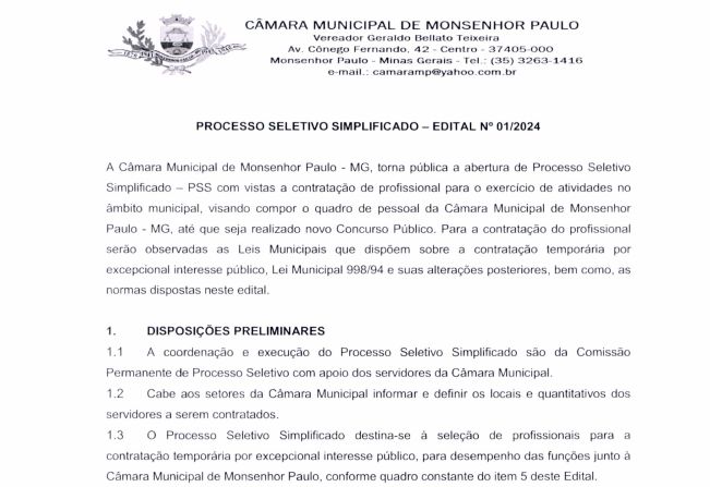 Processo Seletivo Simplificado – Edital nº 01/2024